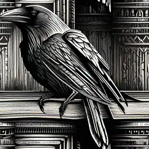 Prompt: Raven on book, Sharp detailed, very high detailed, Black and white, stencil masterpiece 