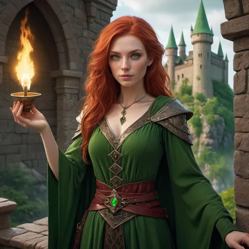 Prompt: beautiful human Lady wizard  years old red hair, green eyes, 4k, ultra HD, detailed, DnD 5e, castle setting, detailed eyes, epic fantasy, high-quality rendering, atmospheric lighting