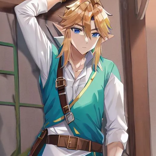 Prompt: Link from Zelda tall handsome hot white shirt