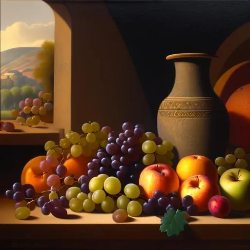 Prompt: still life with multicolored grapes, oranges, and apples near wooden barrels in front of a stone wall, moody atmosphere, soft lighting, detailed oil on canvas, 8K