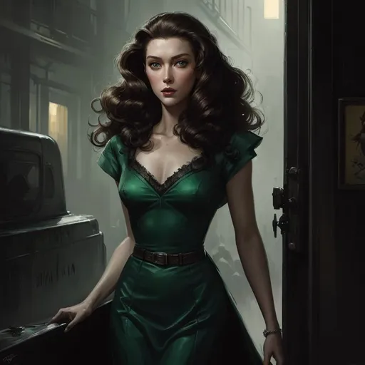 Prompt: digital painting concept art "the mistress" by ((Greg Rutkowski)), gritty noir, 1950s style, supermodel woman with green eyes and (long) curly brunette hair