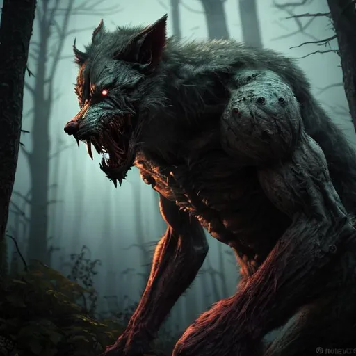 Prompt: An aggressive realistic and creepy werewolf in the forest at night, full shot. Horror mood, haze, fog, hyperreal, ultra-detailed, cinematic light, cinematic light, cinematic red light, realistic, 3d render, highly detailed face, natural looks.