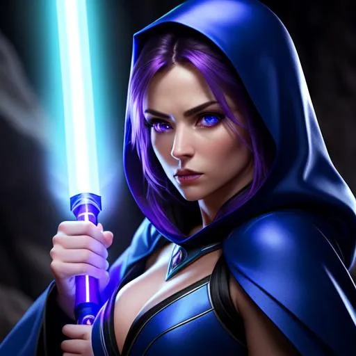 Prompt: Attractive seductive feminine woman jedi with ultra realistic purple hair and ultra realistic blue eyes, hooded, holding blue glowing lightsaber, dark bokeh cave environment, fencing pose, jedi knight robe outfit with deep cleavage and hood, toned body, angry attitude and face expression, character portrait, intricate details, hyperrealistic, professional, ideal human, sharp focus, sensual feminine, highly detailed, detailed face, detailed body, UHD, HDR, 8K, 64k, render, HD Quality, trending on artstation, front view, canon, 24mm, studio lighting, ((huge breast)), ((sexy))