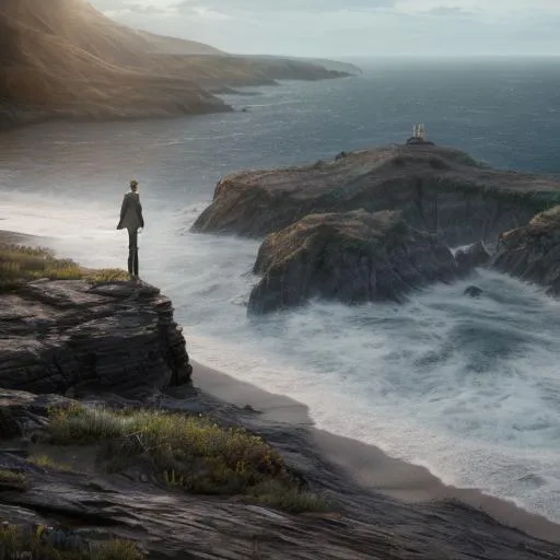 Prompt: Two people standing on a cliff overlooking a dark, turbulent sea. As they face the horizon, their eyes are full of resolve. Behind them, the last rays of sunlight are fading, casting long shadows on the ground. 