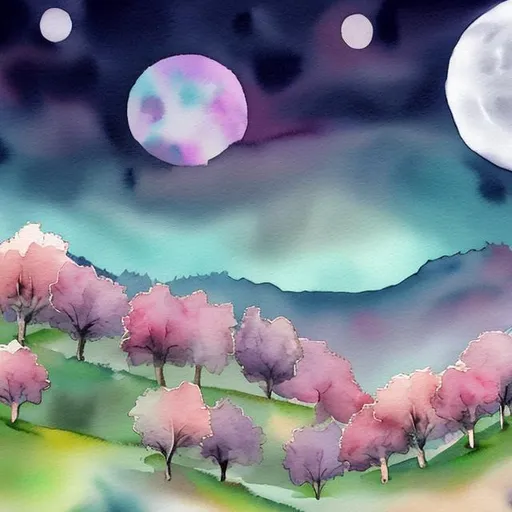 Prompt: Blooming hilltop Cherry Groves over a full moon in watercolor