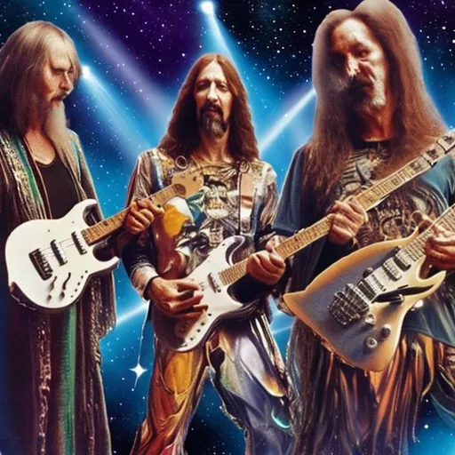 Prompt: actual photo of astronaut jesus playing guitar with all members of hawkwind, surprise me