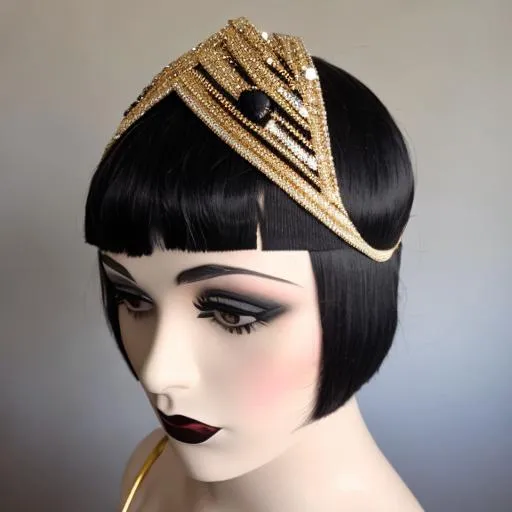 Prompt: Flapper with black bop haircut and gold rhinestone headpiece 