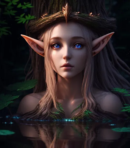 Prompt: 3D HD dramatic cinematic lighting [({one}{(Beautiful Melancholy {goddess}elf liquid wood}Nymph, expansive magical forest lake background, hyper realistic, 8K --s98500