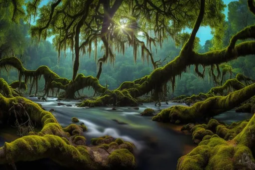 Prompt: a masterpiece, a hyperrealistic image, a high quality photography, low level, low angle, panoramic view of a river that crosses a thick forest with large and old trees with mosses on their bark and lianas on their branches, many bushes with leaves big ones are on the river bank, a beautiful sunset, polarizing filter, UHD, 64K, maximum sharpness