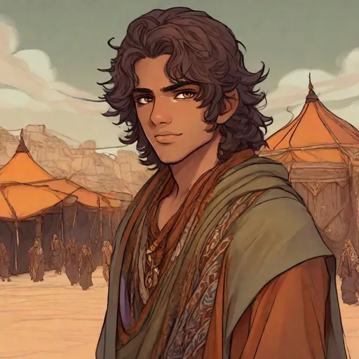 Prompt: a cute ifrit jinn 18 years old boy in arab garments. In background a tents village.  Changeling the Dreaming art. Rpg art. 2d art. 2d. well draw face. Detailed. 