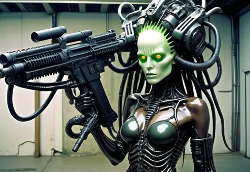 Prompt: celestial female goddess deformed cyborg glowing green eye tubes extended back end of head sinister biomechanical TV Planet inside a industrial building 1970's hideous soulless illusion inlays ultra realistic masterpiece perfection wires intertwining inserts teeth showing brain enhanced psychedelic HR Giger style necro holding assault weapon's 