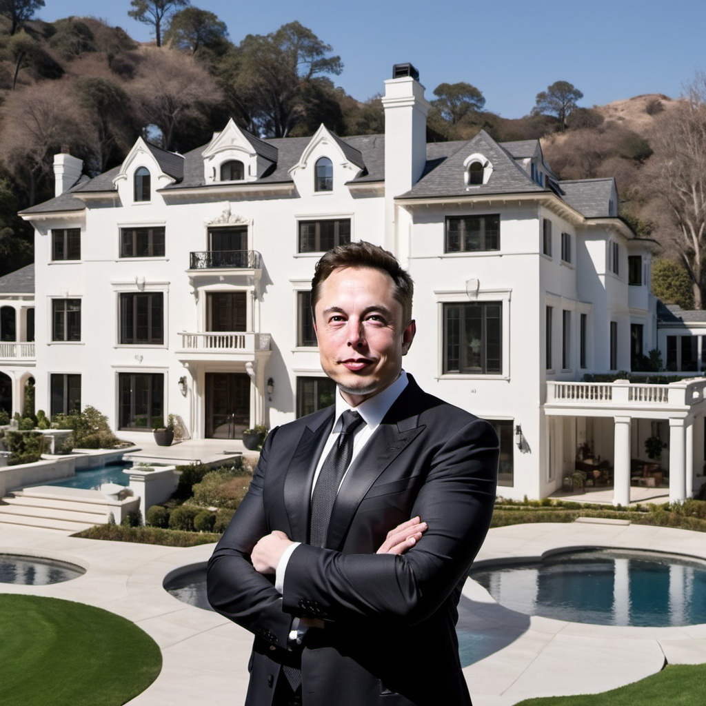 rich Elon musk in his ten billion dollar mansion
