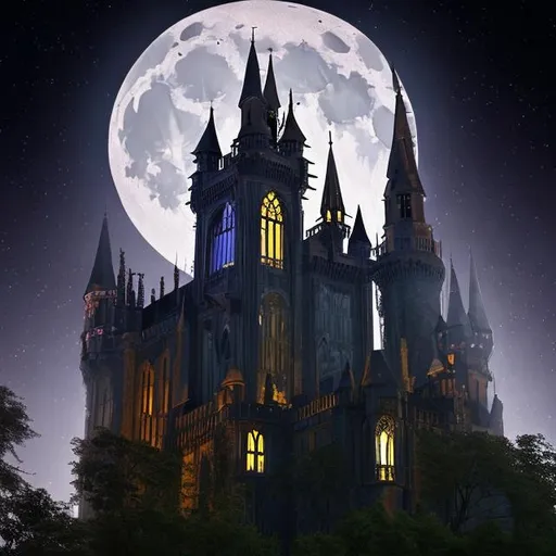 Prompt: A haunted castle with hundreds of tall narrow towers, gothic windows, spider webs, looks like a real realistic picture, with a beautiful moon above it, high quality