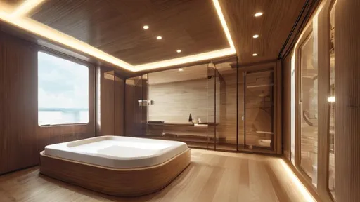 Prompt: a minimalist steam room interior inspired on a modern sailing yatch with marine walls with large square golden wood windows that look to an island at  cloudy sunrise 