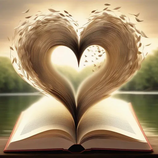 Prompt: At the center of this scene, a heart pulsates, and from it, pages of a book emerge, symbolizing the chapters of life written with each heartbeat. The gentle ebb and flow of nature's elements—the wind, water, and seasons—guide these threads, evoking the comforting rhythm of a steadfast rhyme.