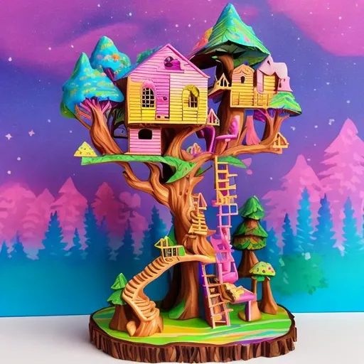 Prompt: Lisa frank style treehouse diorama 