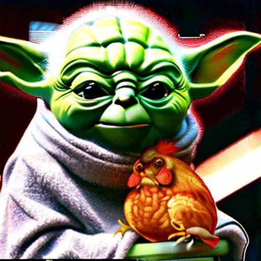 Prompt: yoda sitting on chicken