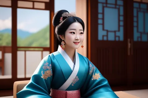 Prompt: Realistic art of a beautiful Joseon Era queen sitting in front of an open screen room door with a beautiful mountain and river outside, (jjeokjin meori), cyan dangui, Korea, joseon queen attire, black hair, peaceful smiling expression, (joseon), (joseon queen), (cyan dangui), (Kim so yong), (Mr queen), daytime, (age=19), 