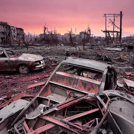 Prompt: Generate a surreal and ominous image of a destroyed and abandoned Mariupol, with twisted metal and rubble strewn across the foreground, and an ominous red sky in the background.