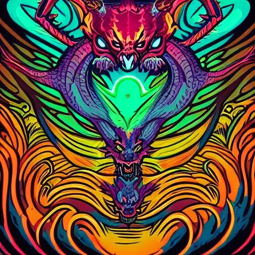 Prompt:  dragons fighting demons in the sky Hypnotic illustrations of hypnotic psychedelic art by Dan Mumford, pop surrealism, dark glow neon paint, mystical, Behance, deadly, colorful, demonic, lightning, rock, runes 