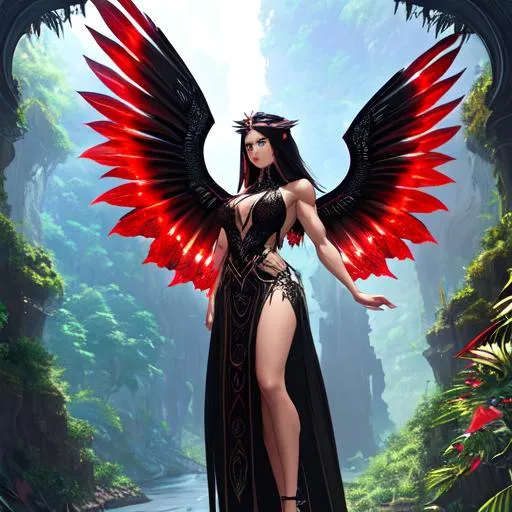 Prompt: (((full body view))) of a beautiful female, muscular body, black and red lace dress, long hair, long symmetrical wings made of pure light. 

A tall ancient iridescent stone spire looming over the middle dense lush jungle with is river that runs through the center. 

D&D, fantasy, intricate, elegant, highly detailed, digital painting, artstation, concept art, smooth, sharp focus, illustration,