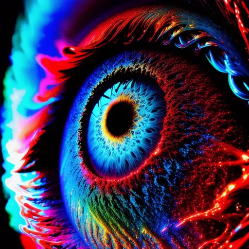 Prompt: 8K, Cinematic eye level: Freeform metallic {blue-red-black-blood}flying-eyeball, beautiful colorful chaos --s150 --no watermark