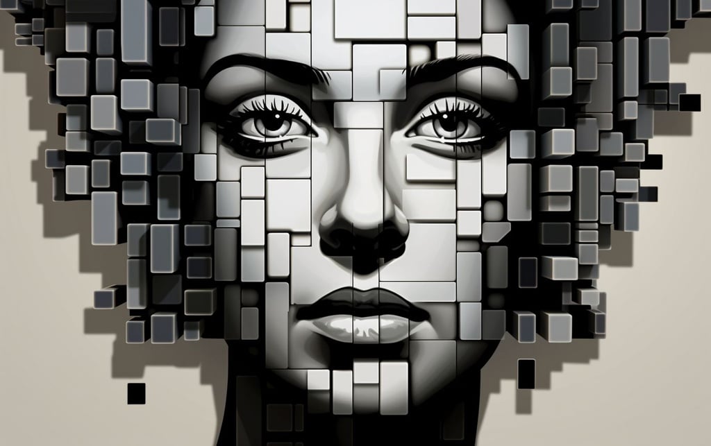 Prompt: vector 3d girl face made of different sized black outline blocks