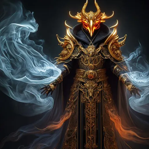 Prompt: high-quality high-detail highly-detailed breathtaking Villen ((by Aleksi Briclot and Stanley Artgerm Lau)) - ((a warlock)), hooded orange detailed fox warlock rich golden ornate robes casting smoke in hands, flying, smoke in feets, glowing, highly detailed vintage brass jester mask, add some orange smoke in his hands, glowing chest emblem , smooth detailed shoulder plates, detailed ivory, full body, fantasy robes,, wearing mime mask, 8k,  full form, detailed library setting, full form, epic, 8k HD, ice, sharp focus, ultra realistic clarity. Hyper realistic, realistic, close to perfection, high quality cell shaded illustration, ((full body)), dynamic pose, perfect anatomy, centered, freedom, soul, approach to perfection, cell shading, 8k , cinematic dramatic atmosphere, watercolor painting, global illumination, detailed and intricate environment, artstation, concept art, fluid and sharp focus, volumetric lighting, cinematic lighting.