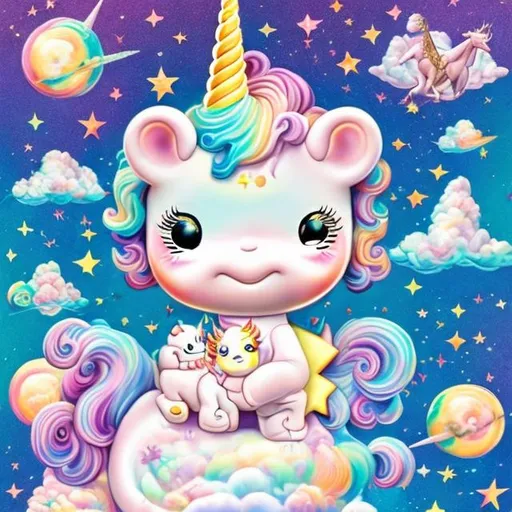 Prompt: Kewpie on a unicorn in outer space in the style of Lisa frank