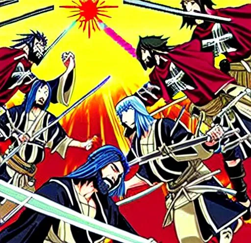 Prompt: Anime war scene graphic High detail Samurai warrior crusaders with Jesus Christ as depicted in the book of  revaltion coming out of heaven one side is the gathering of The chosen to ride victory against the enemy Satan and his fallen cyberpunk ninjas on the opposite side 