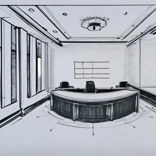 Prompt: Create a politician head office  with 3 office table in a hand sketch art
