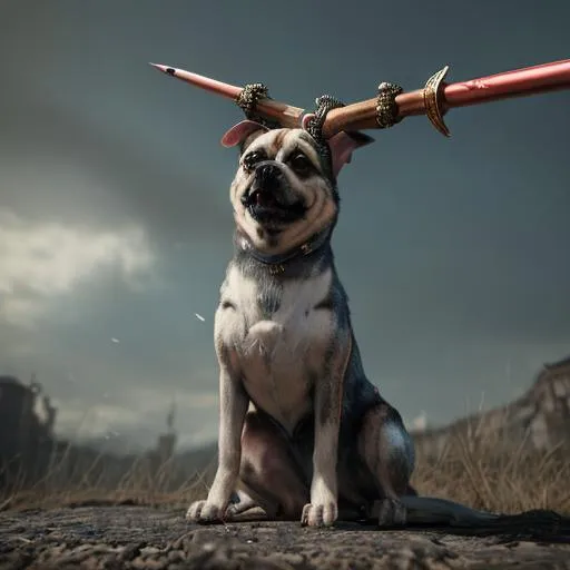 Prompt: a Dog god with eight wings with a sword and a bow and arrow