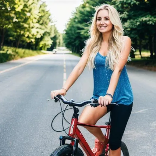 Prompt: A blonde girl driving bike