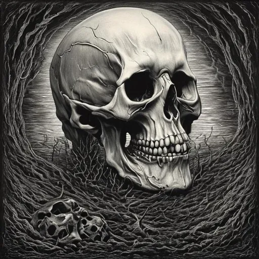 Prompt: The darkness here is absolute,
The silence, all-encompassing,
A place where time does not compute,
And life is ever-dwindling.

The lonely skull, it cannot speak,
Its secrets lost to time,
But in its hollow eye sockets, bleak,
Lies a story so sublime.