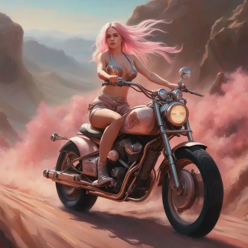Prompt: {{{masterpiece}}}, 4K, fantasy art, Victorian oil painting, Billie Eilish in a skimpy Bikini with rose gold pinkish hair, riding a big trail motorcycle. blazing through the dunes of Mars