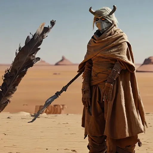 Prompt: billie eilish, tusken raider, poncho, tan bandaged arms and legs, tan colors, dark colors, feather ears, maul face paint, desert