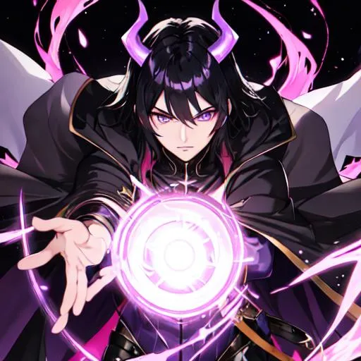 Prompt: Desmosin (male, black hair, purple eyes) wearing a cape, as a demon