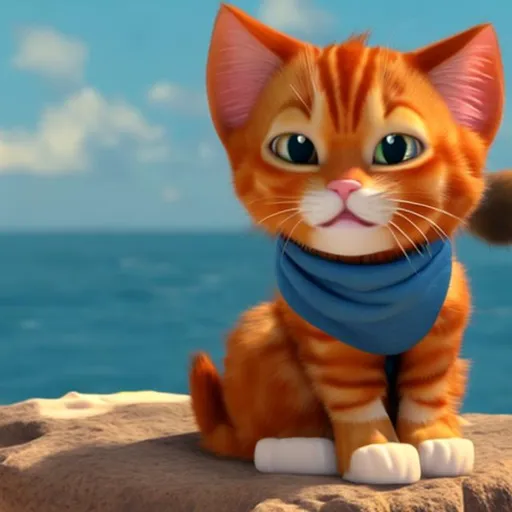 Prompt: Winking ginger kitty.  looks out to sea with a persicope in Disney style animation. 
