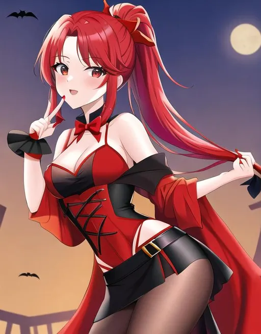 Prompt: Haley with bright red hair pulled back, Halloween, wearing a witch costume