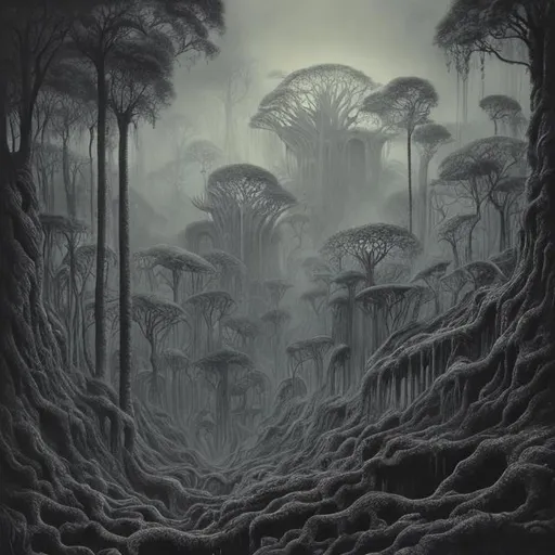 Prompt: monochrome, H.R. Geiger, beksinski, floating rainforest, sky jungle, dense, hellish, monsters, trees, lava