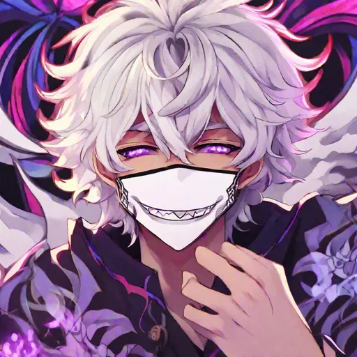 Prompt: insane, cute anime boy, white wavy hair, smiling, trippy background, demon behind, zoomed out, fangs, aesthetic mask, scars, no horns, hands on face 