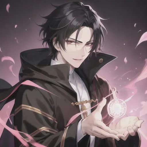 Prompt: anime style, pale skin, handsome man with black hair, wearing a black monk robe with hood, fire, disgrace smile, very detailed body and hands, best quality, detail eyes
