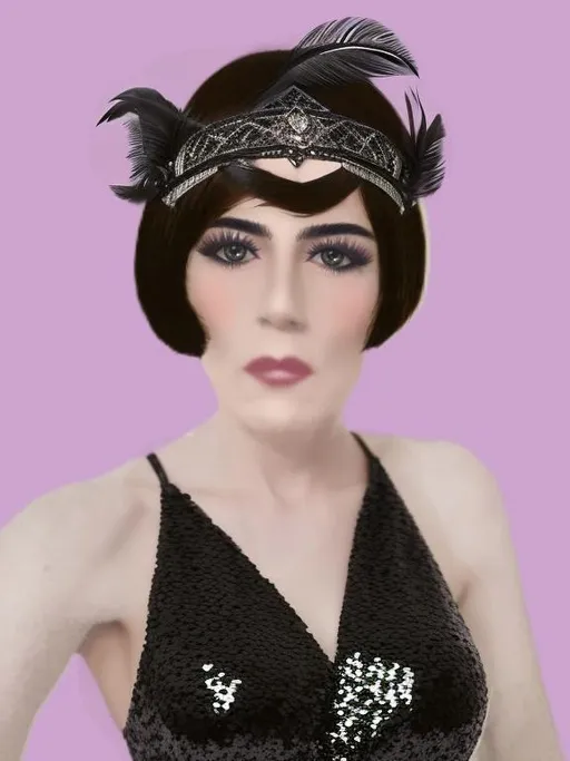 Prompt: add a 1920s style headpiece with black feathers to the womans hair