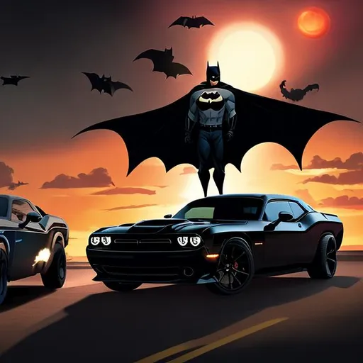 Prompt: Batman standing beside a blacked out dodge challenger looing at the sunset with many animals in the picture







