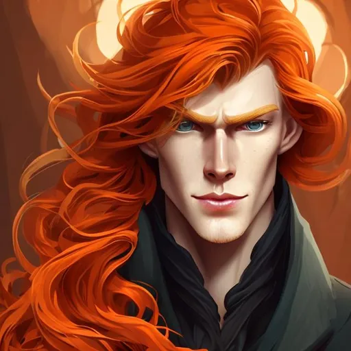 Prompt:   Create an enchanting chest-up portrait of a tall, slender ginger male, showcasing his captivating features in a flattering illustrative fantasy art style. Emphasize his unique appearance with vibrant, long, and flowing orange hair that cascades in a mesmerizing, slightly wavy pattern. Craft his face with a touch of elegance, capturing a subtle gauntness that adds an air of mystery and sophistication.

Enhance the charm of his face by carefully accentuating the abundance of freckles, allowing them to scatter across his skin like celestial constellations. His eyes, the true windows to his soul, should be the focal point of the portrait. The light blue eye should shimmer with an otherworldly glow, while the pink eye, with its intriguing pupil shape, adds an element of enchantment and magical allure.

The subject's perennial smile should exude genuine joy and infectious happiness, radiating warmth and positivity. Emphasize the twinkle in his eyes and the slight upturn of his lips to capture the essence of his jovial nature.

Through your artistry, bring this ginger character to life in a way that inspires wonder and awe, inviting viewers into a world of fantasy and imagination.