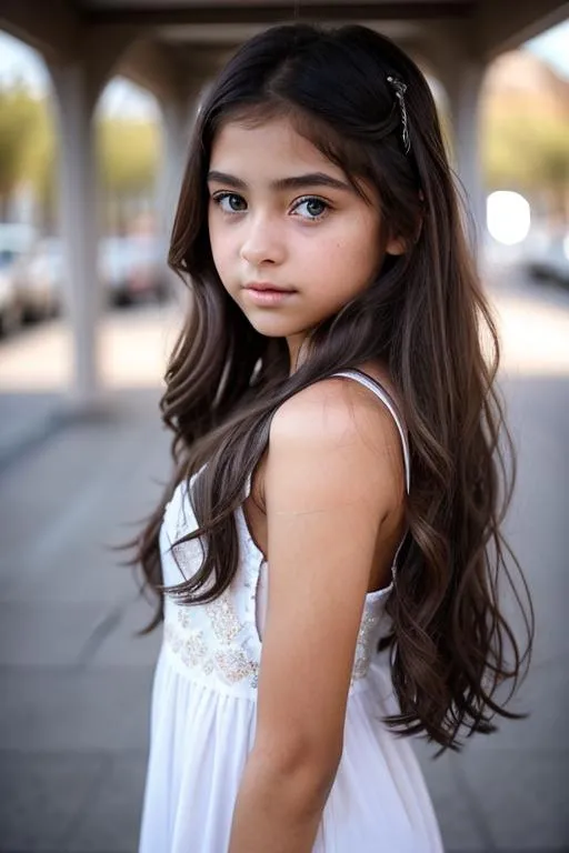 Prompt: Breakthrough in the Universe of freedom and abundance, cute stunning gorgeus little girl, (1girl, solo: 2.0), (13 yo), pretty girl, extremely detailed eyes, both eyes are the same, ( front view: 1.5), full body, (teen girl: 1.3), shy face, middle hair