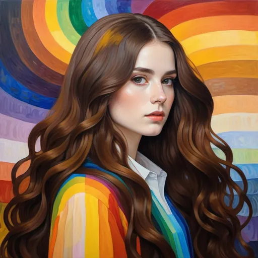 Prompt: woman with long brown hair portrayed in the style of gustav klimt,  rainbow color palette in the background, very realistic, oil painting  
