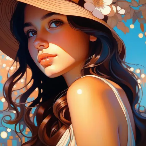 Prompt: Upper body portrait of Cute girl, 18 years old, brown long hair, tan skin, sundress, intricate, detailed face. by Ilya Kuvshinov and Alphonse Mucha. Dreamy, sparkles