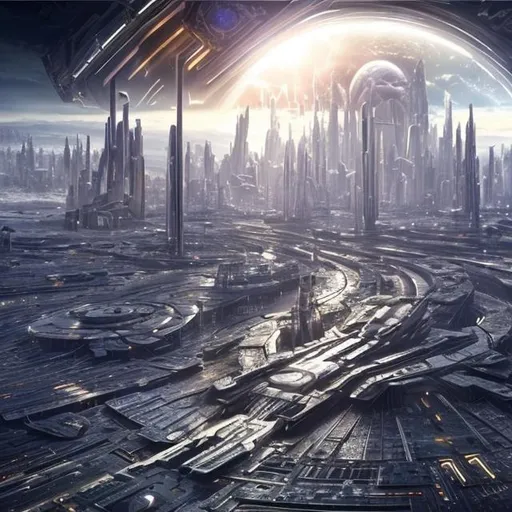 Prompt: image outside of a megaestructure city of future humanity 5.000 years to the future 