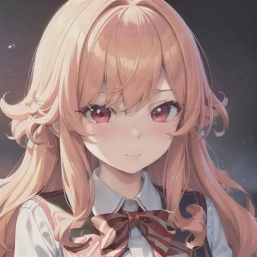 Prompt: (masterpiece, illustration, best quality:1.2), blushing, loli, tsundere, smug expression, curly yellow hair, red eyes, wearing school uniform, best quality face, best quality, best quality skin, best quality eyes, best quality lips, ultra-detailed eyes, ultra-detailed hair, ultra-detailed, illustration, colorful, soft glow, 1 girl, leading into a desk